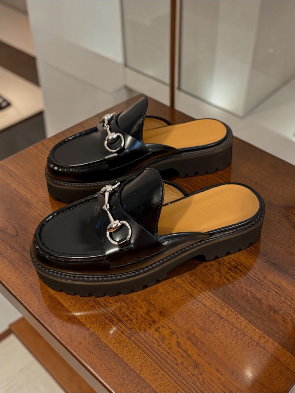 Gucci Black Leather Lug-Sole Horsebit Mule with Silver Hardware - Box Included